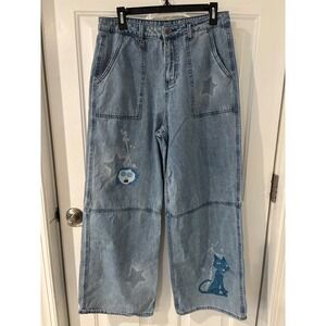 Denim Jeans‎ Coraline Cat Star Print Wide Leg Light Wash Pants Size 11